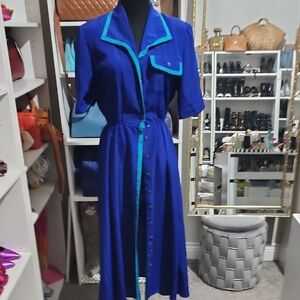 Leslie Fay Royal Blue Midi Dress with Teal Trim